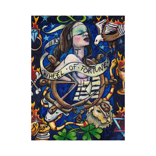 Colorful artwork of a tarot card with a wheel of fortune and mystical elements on a dark background.