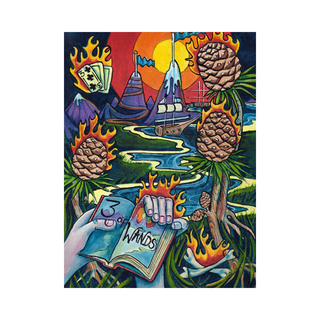 Colorful artwork with a hand holding a book titled 'Wands', flames, and nature elements on a white background.