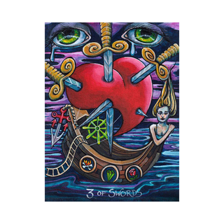 Card featuring a red heart with swords, eyes, and a boat with a person inside on a colorful background.