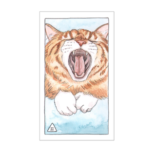Illustration of a yawning orange tabby cat on a light blue background