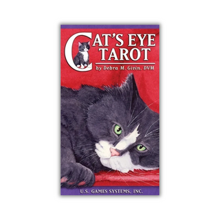 Cat's Eye Tarot card deck packaging with a cat illustration on a red background