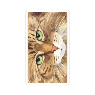 Back of a tarot deck, which is of a cat's face with green eyes and a pink nose on a white background