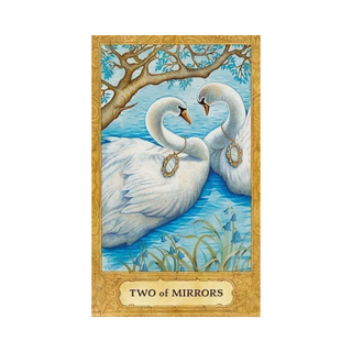 Card with two swans holding hands and 'Two of Mirrors' text on a white background