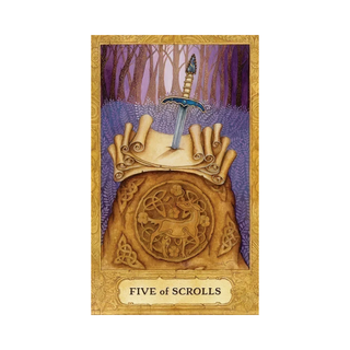 Tarot card featuring a hand holding scrolls with a sword, set against a forest background.