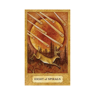 Tarot card featuring a deer and spirals with 'Eight of Spirals' text on a wooden frame.