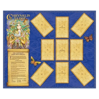Chrysalis Tarot cards with tarot cards and a scroll on a blue background