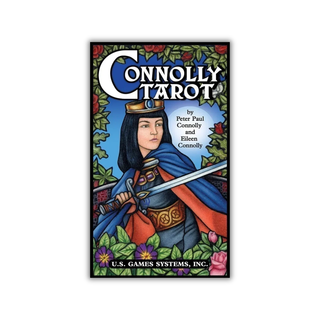 Cover of the Connolly Tarot with a character holding a sword and shield, surrounded by flowers and leaves.