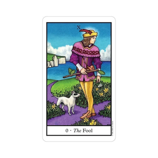 Tarot card titled 'The Fool' with a person and dog in a colorful landscape.