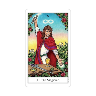 Tarot card featuring 'The Magician' with a person in a red robe holding a sword and a cup, surrounded by nature elements.