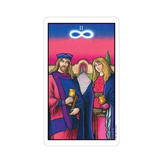 Tarot card with two figures holding candles against a colorful background