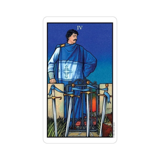 Tarot card with a figure in blue robes standing behind three swords on a white background