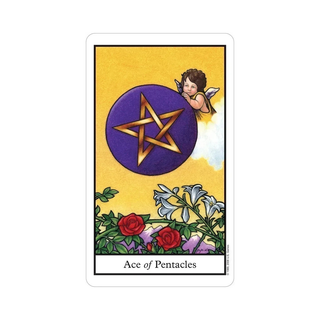 Ace of Pentacles tarot card with a purple circle and gold star on a yellow background.