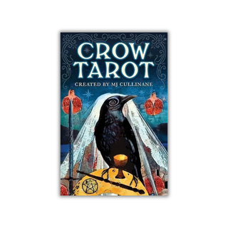 Crow Tarot book cover with a crow, veil, and candle on a blue background