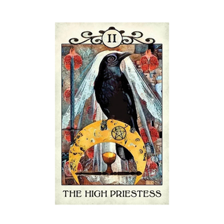 Tarot card titled 'The High Priestess' featuring a black bird and symbolic elements.