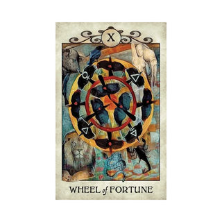 Tarot card titled 'Wheel of Fortune' with symbolic design on a textured background