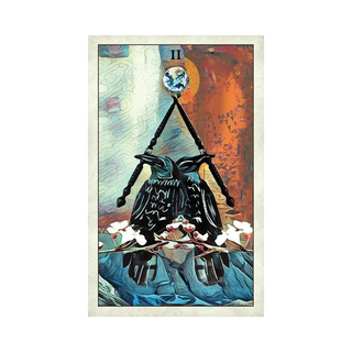 Artistic depiction of a tarot card with a sword and skull, set against a colorful abstract background.