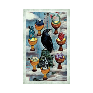 Tarot card with a black crow and various symbols on a white background