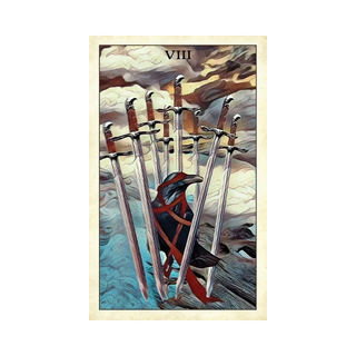 Tarot card with swords and a crow, number 8, on a textured background
