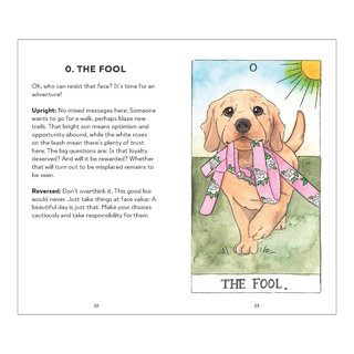Card from a tarot deck featuring a dog on a leash with text and illustrations.