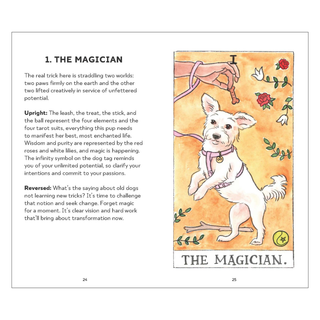 Illustration of a dog labeled 'The Magician' with text on a white background