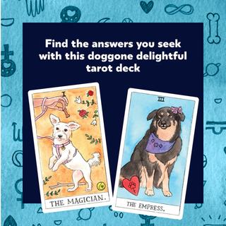 Two tarot cards featuring dogs with text on a blue background with symbols.