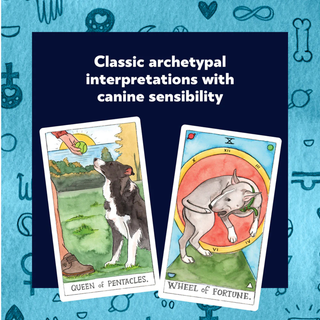 Two tarot cards with dog illustrations on a blue background with symbols.