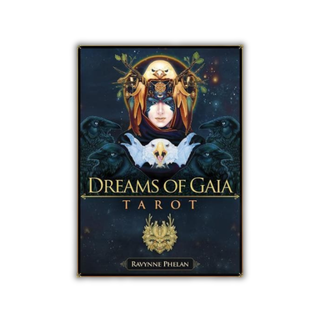 Tarot card deck cover titled 'Dreams of Gaia Tarot' with a mystical design on a dark blue background.