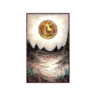 Decorative tapestry with a central gold emblem and white feather-like design on a white background