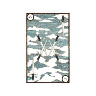 Card with crossed swords on a blue and white patterned background