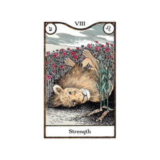 Tarot card featuring a boar among flowers with 'Strength' at the bottom