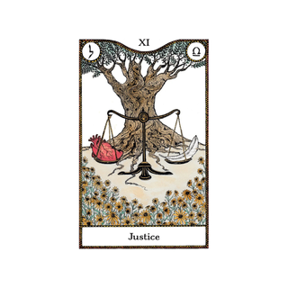 Tarot card titled 'Justice' with a tree and scales design on a white background