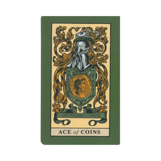 Card with decorative design and text 'Ace of Coins' on a green border