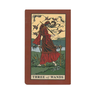 Tarot card featuring a woman in a red dress with three wands, on a beige background.