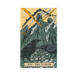 Tarot card titled 'The Tower' with crows and a tower on a yellow and green background