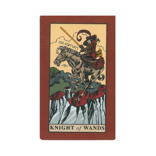 Tarot card featuring a knight on a horse with the title 'Knight of Wands' on a beige background.