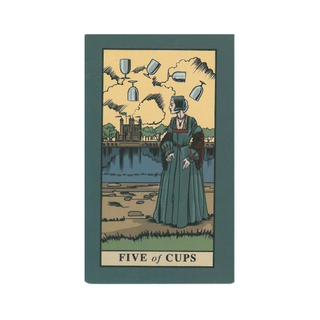 Tarot card featuring a woman by a lake with 'Five of Cups' text