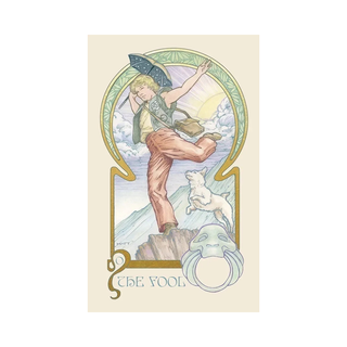 Illustration of 'The Fool' from a tarot card with a person and dog on a mountain, framed by decorative elements.