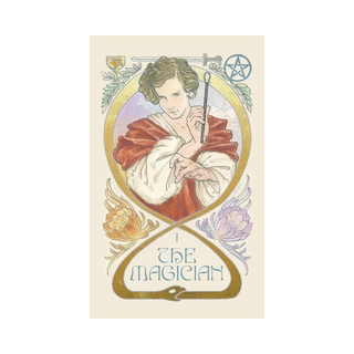 Tarot card featuring 'The Magician' with a stylized illustration of a person holding a wand.