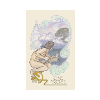 Tarot card titled 'The Artist' with a stylized depiction of a person and abstract elements on a beige background.