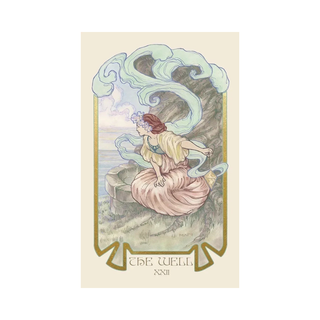 Tarot card titled 'The Well' with a stylized illustration of a woman by a well on a beige background.