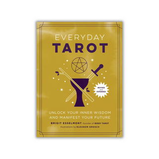 Book cover of 'Everyday Tarot' with tarot card symbols on a yellow background