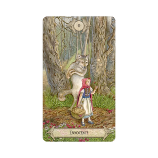 Fairy Tale Tarot card featuring a wolf and a girl in a forest with 'Innocence' at the bottom.