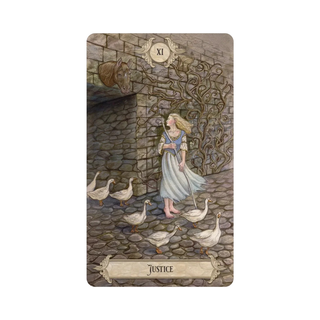 Fairy Tale Tarot card  featuring a woman and geese with 'Justice' text on a stone path background