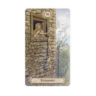Fairy Tale Tarot card  titled 'Entrapment' with a woman looking out of a window and a snake coiled around the door.