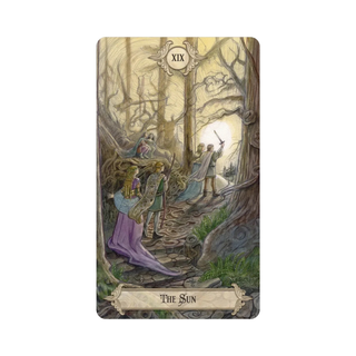 Fairy Tale Tarot card titled 'The Sun' with a forest scene and people gathered around a campfire.
