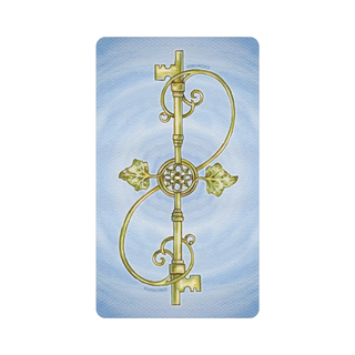 The back of the Fairy Tale Tarot cards with a decorative key design on a blue background
