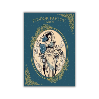 Fyodor Pavlov Tarot card packaging with a woman holding a card on a blue background