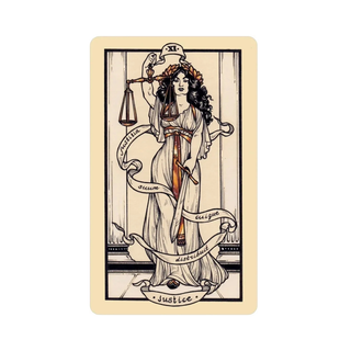 Tarot card featuring the figure of Justice with classical design elements.