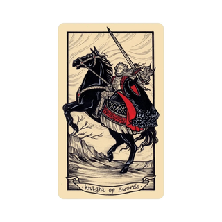 Tarot card featuring a knight on horseback with a sword, labeled 'Knight of Swords'.