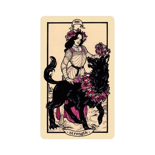 Card featuring a woman with a black dog, both adorned with flowers, on a beige background.